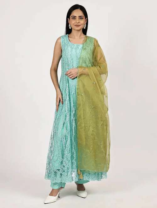 women solid with work sleeveless kurta pant with dupatta set - 22226601 -  Standard Image - 0