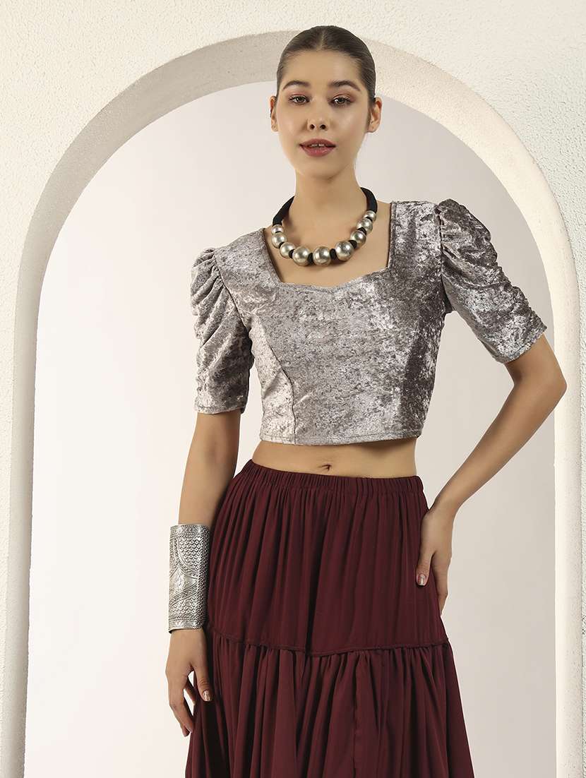 women solid puff sleeve stitched blouse