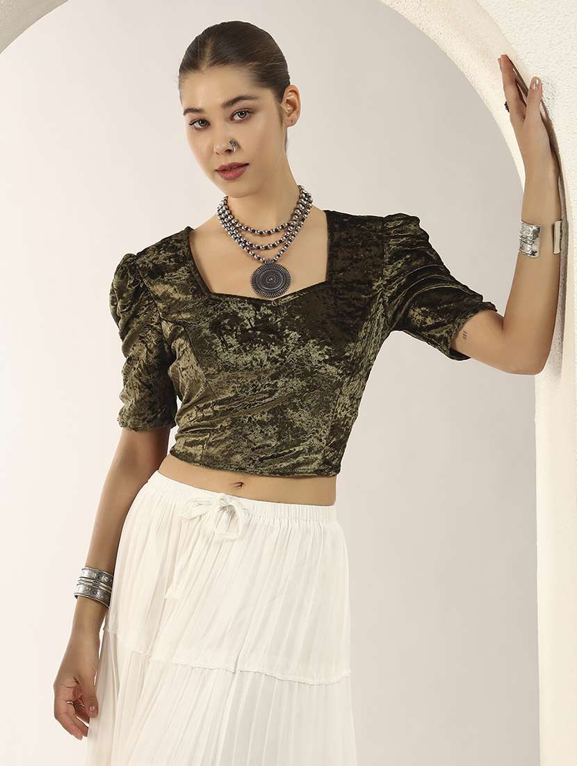 women solid puff sleeve stitched blouse