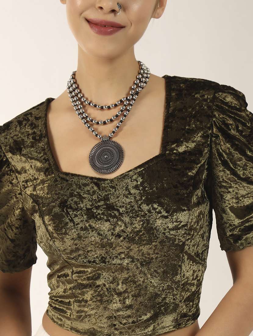 women solid puff sleeve stitched blouse - 22226838 -  Standard Image - 5