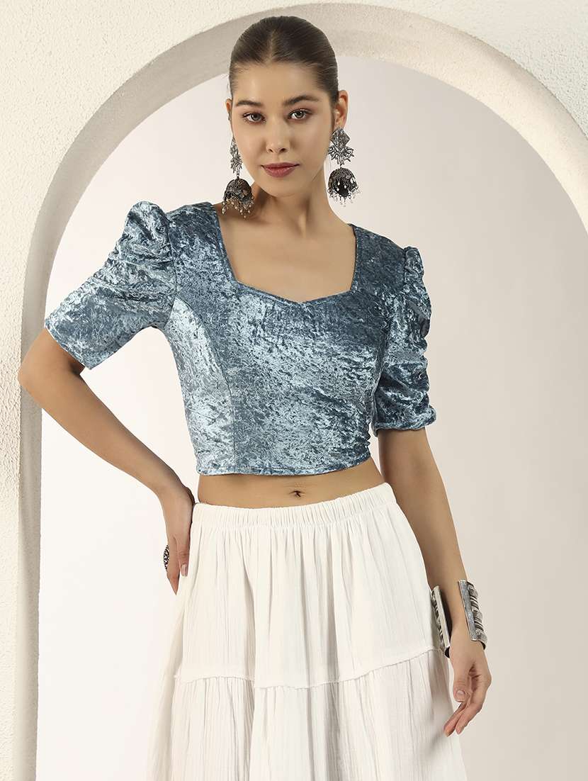 women solid puff sleeve stitched blouse