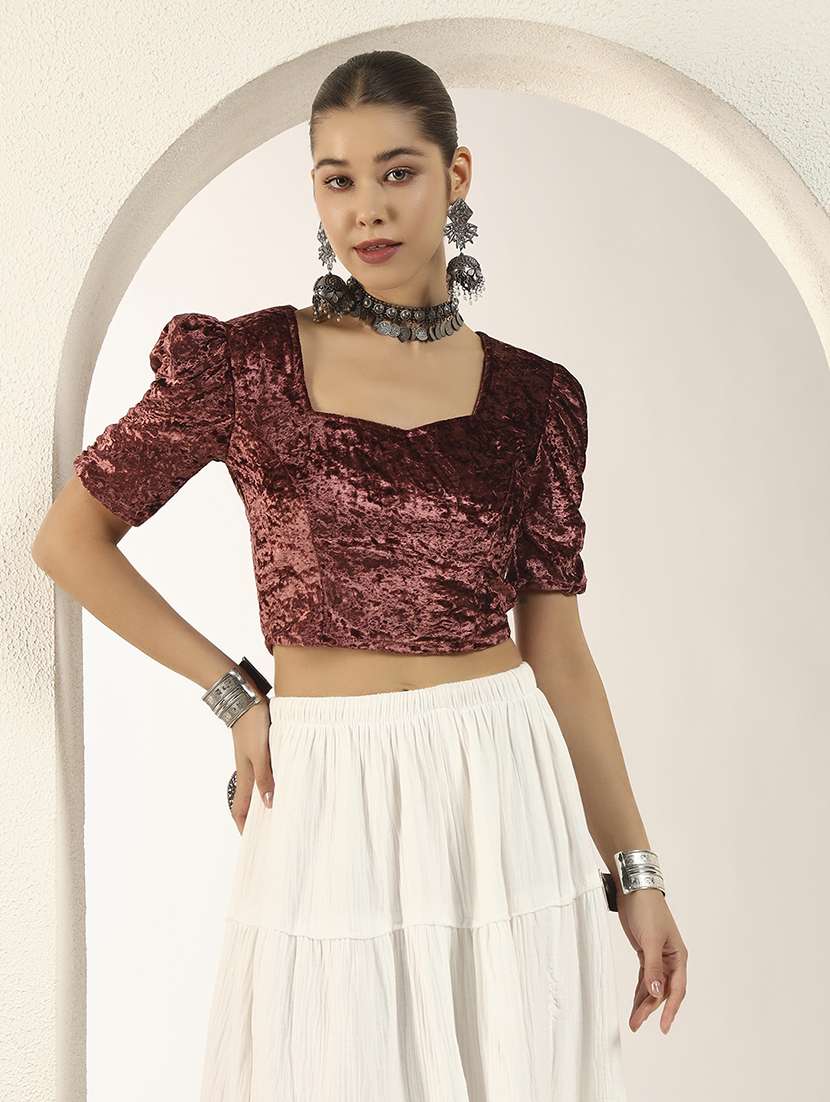 women solid puff sleeve stitched blouse