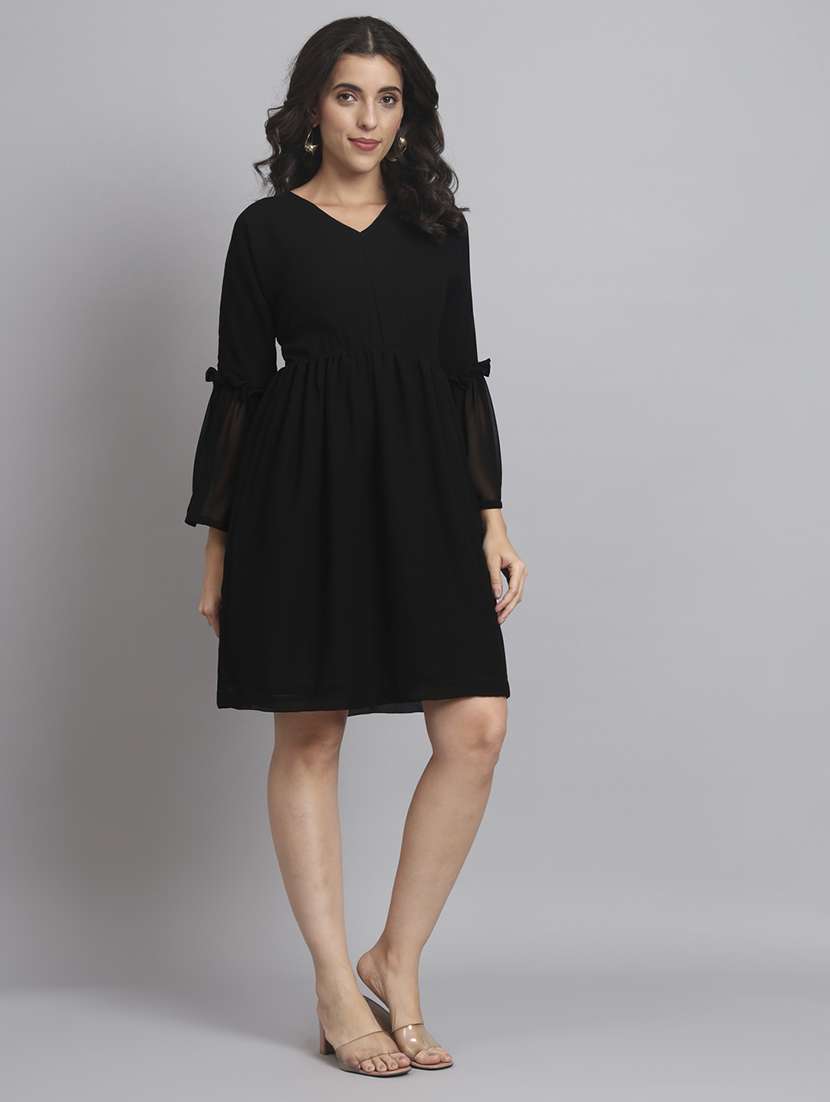 women solid bell sleeve fit & flare dress
