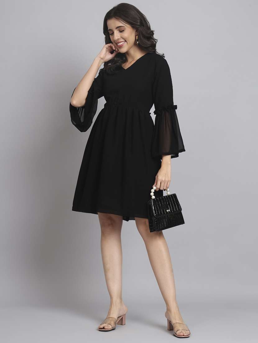 women solid bell sleeve fit & flare dress - 22226841 -  Standard Image - 5