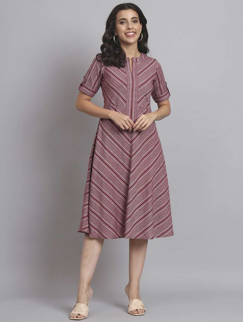 women striped roll up sleeve a-line dress