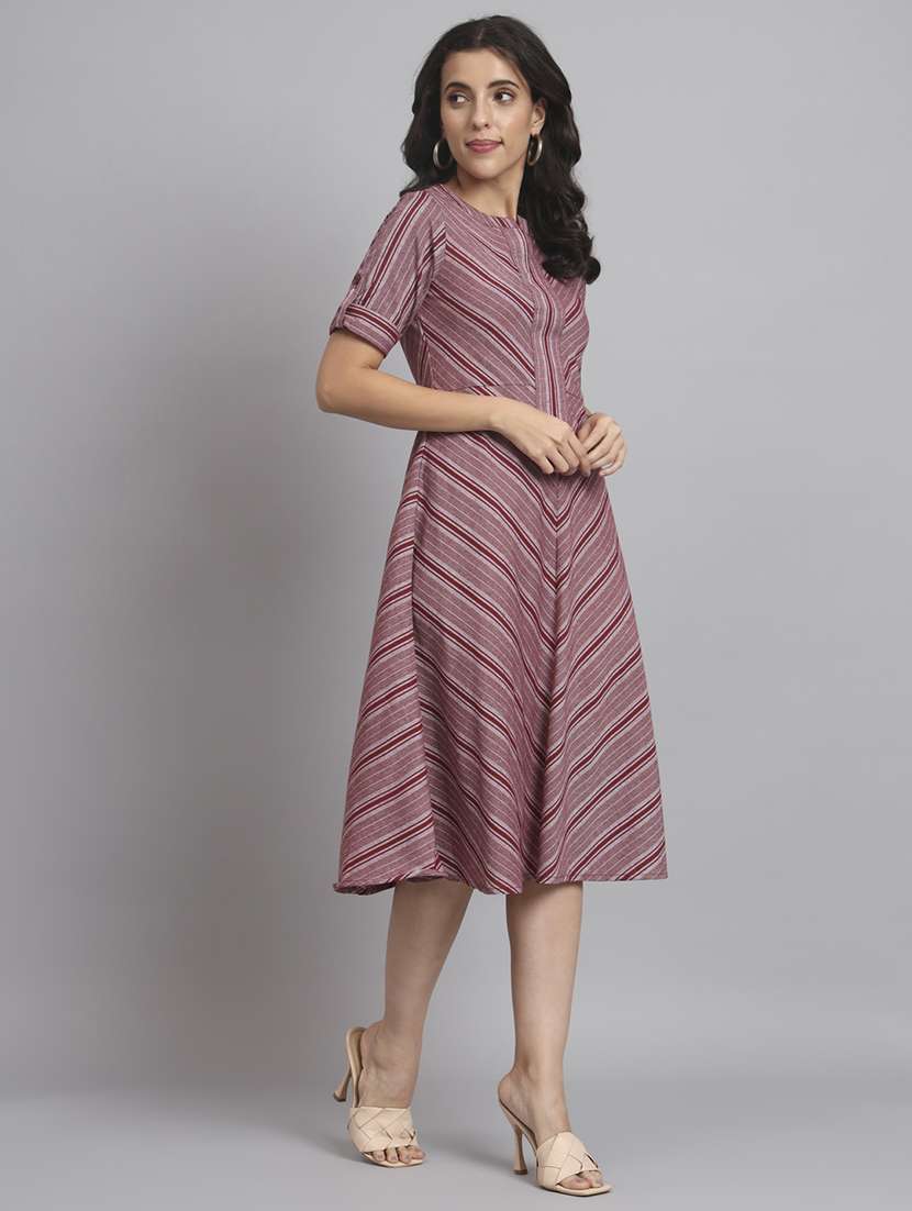 women striped roll up sleeve a-line dress - 22226842 -  Standard Image - 3