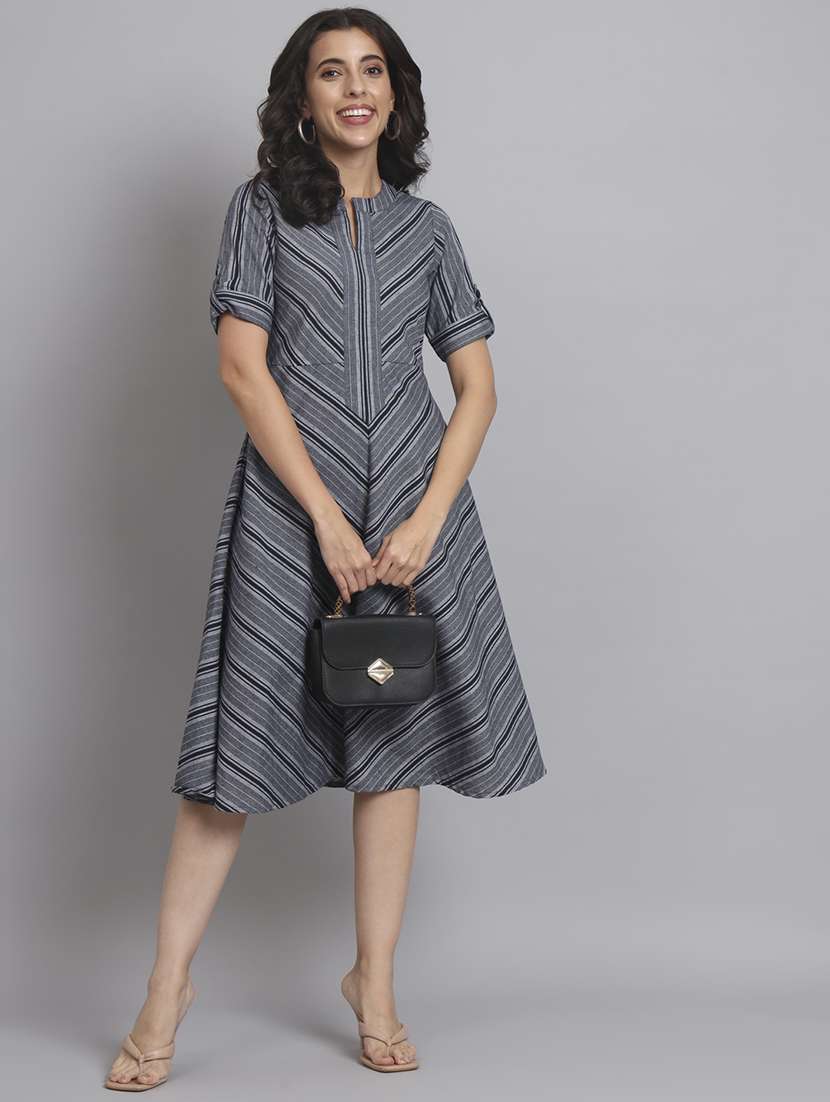 women striped roll up sleeve a-line dress - 22226843 -  Standard Image - 5