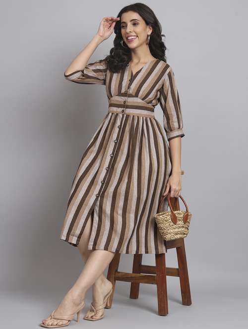 women striped three quarter sleeve a-line dress - 22226846 -  Standard Image - 0