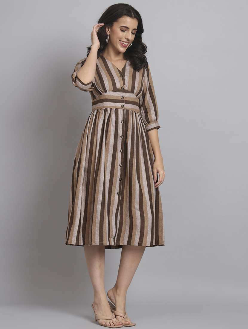 women striped three quarter sleeve a-line dress - 22226846 -  Standard Image - 3