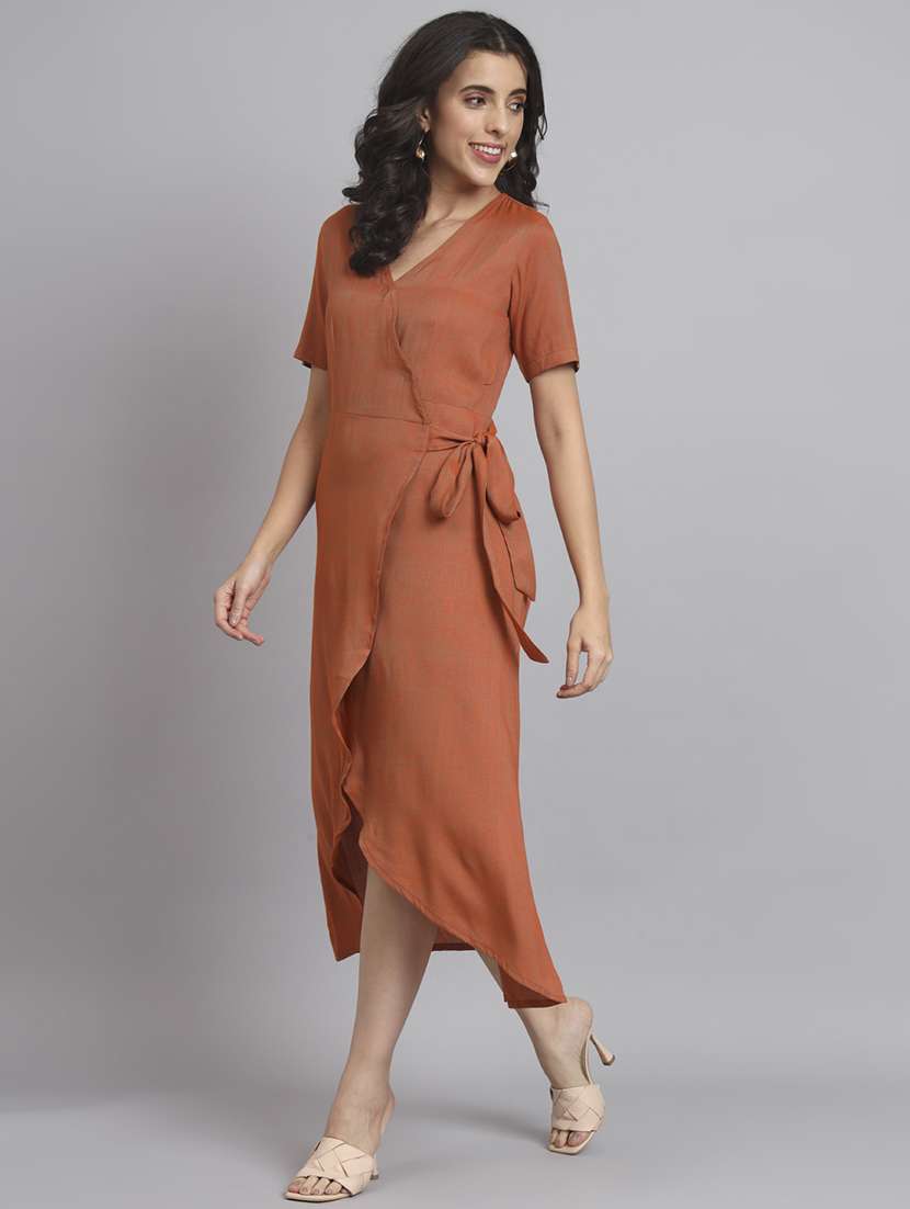 women solid short sleeve wrap dress - 22226848 -  Standard Image - 3