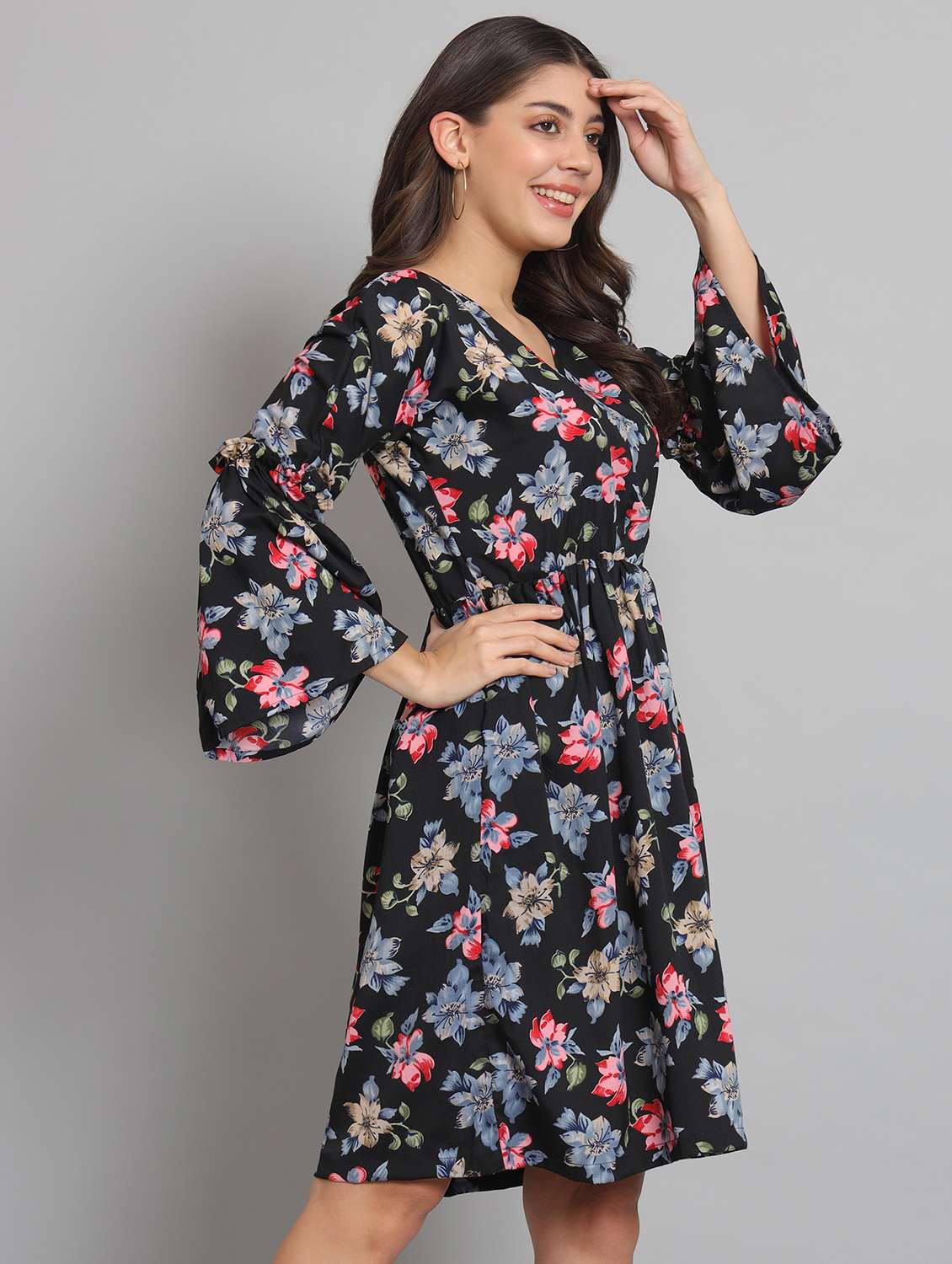 women floral printg bell sleeve fit & flare dress - 22226849 -  Standard Image - 3