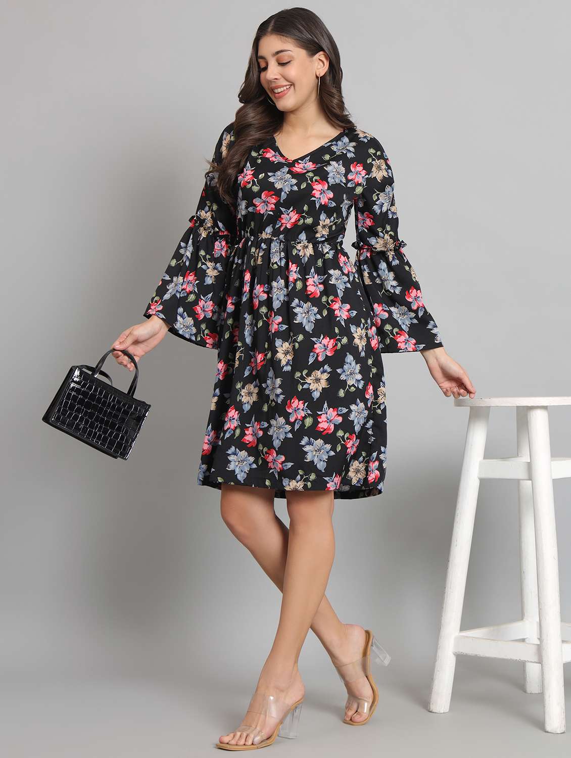 women floral printg bell sleeve fit & flare dress - 22226849 -  Standard Image - 5