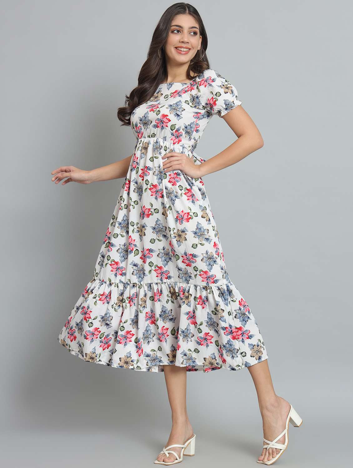 women floral print puff sleeve tiered dress - 22226850 -  Standard Image - 3