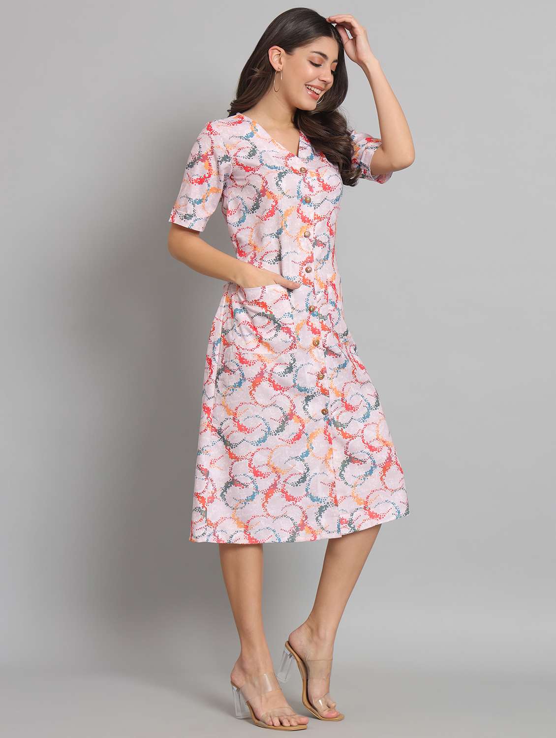 women printed short sleeve a-line dress - 22226852 -  Standard Image - 3