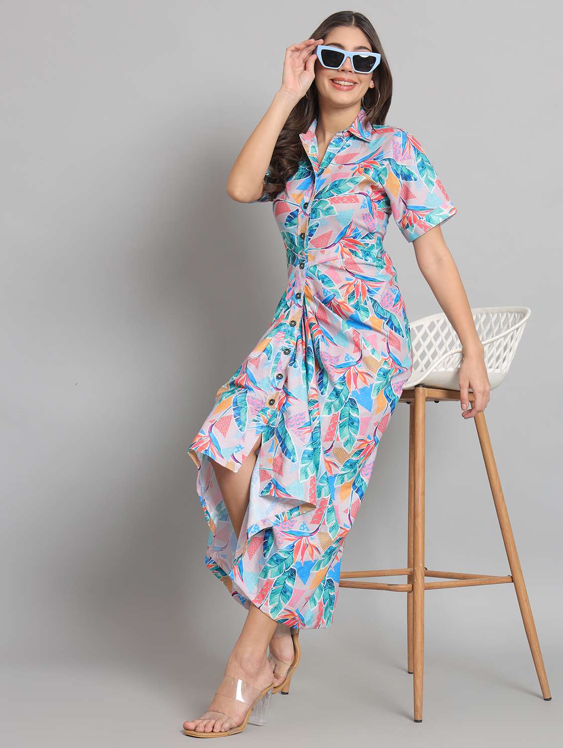 women prinred collared short sleeve asymmetric dress