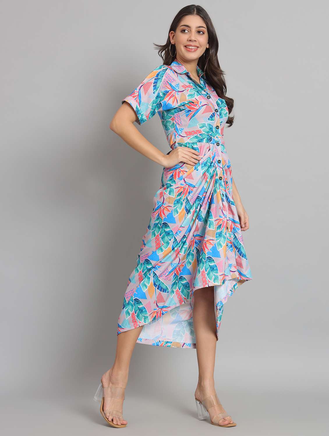 women prinred collared short sleeve asymmetric dress - 22226854 -  Standard Image - 3