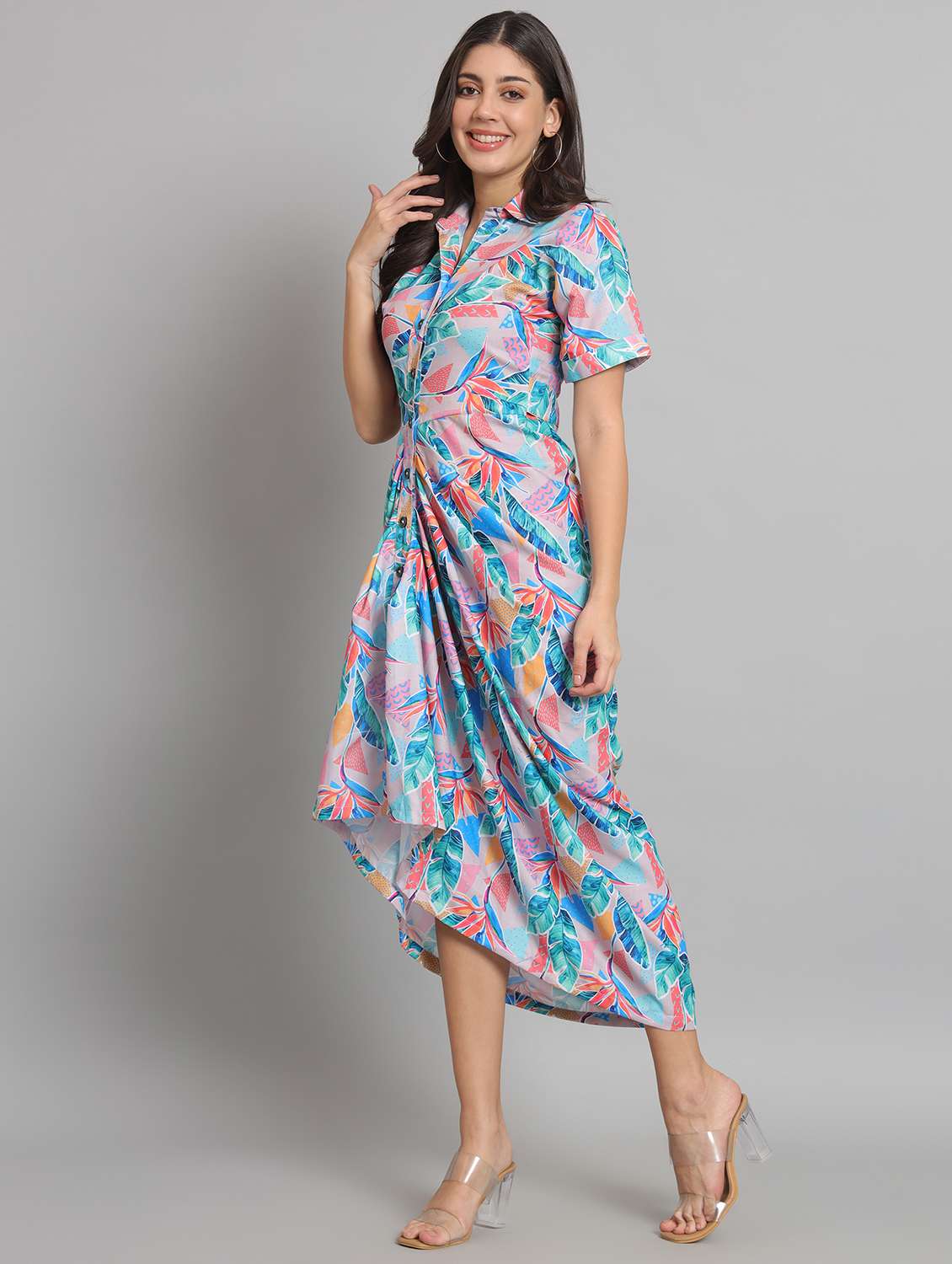 women prinred collared short sleeve asymmetric dress - 22226854 -  Standard Image - 5