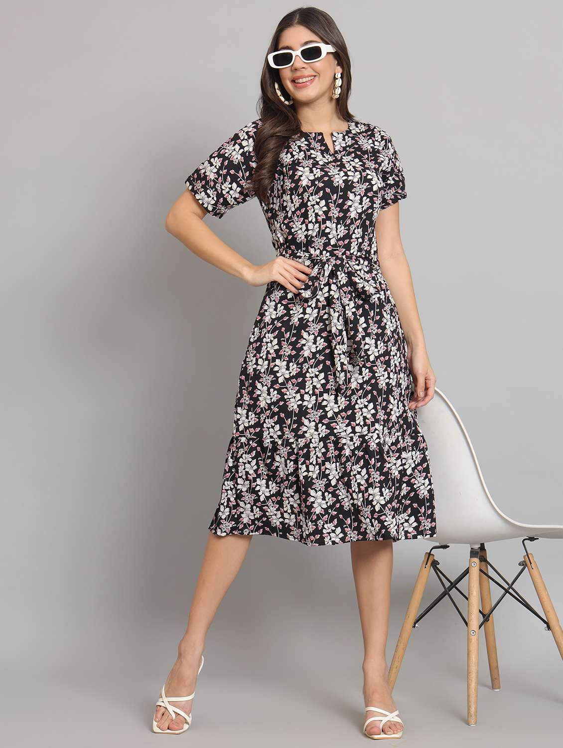women printed short sleeve tiered dress