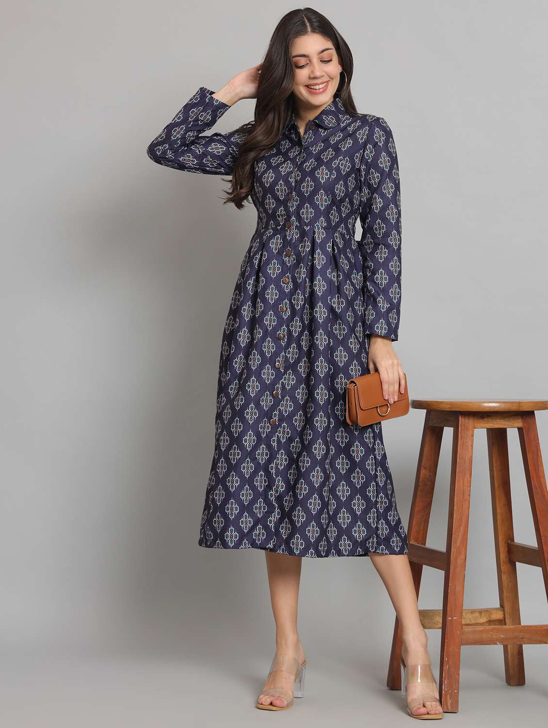 women printed collared long sleeve shirt dress