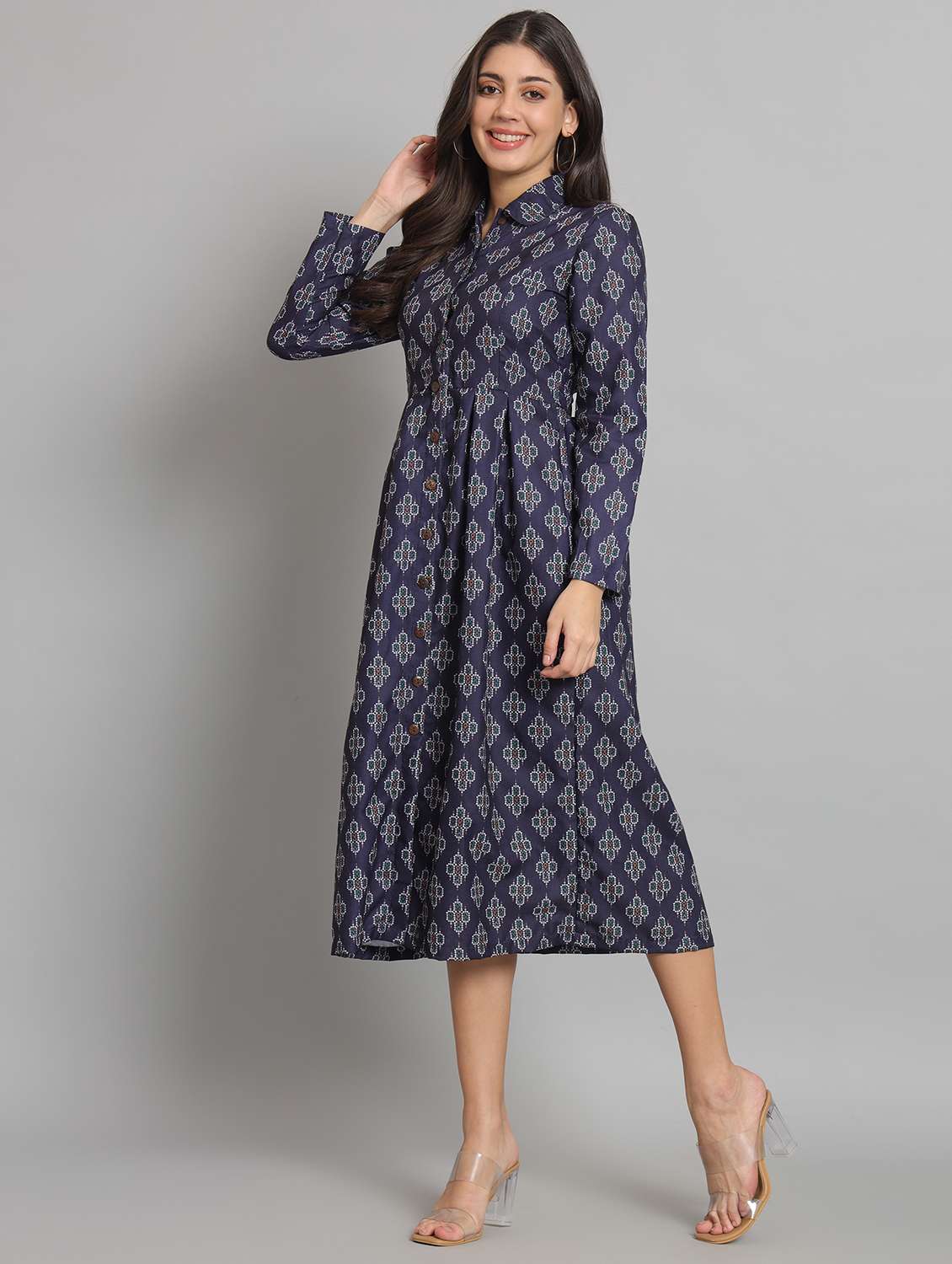 women printed collared long sleeve shirt dress - 22226859 -  Standard Image - 5