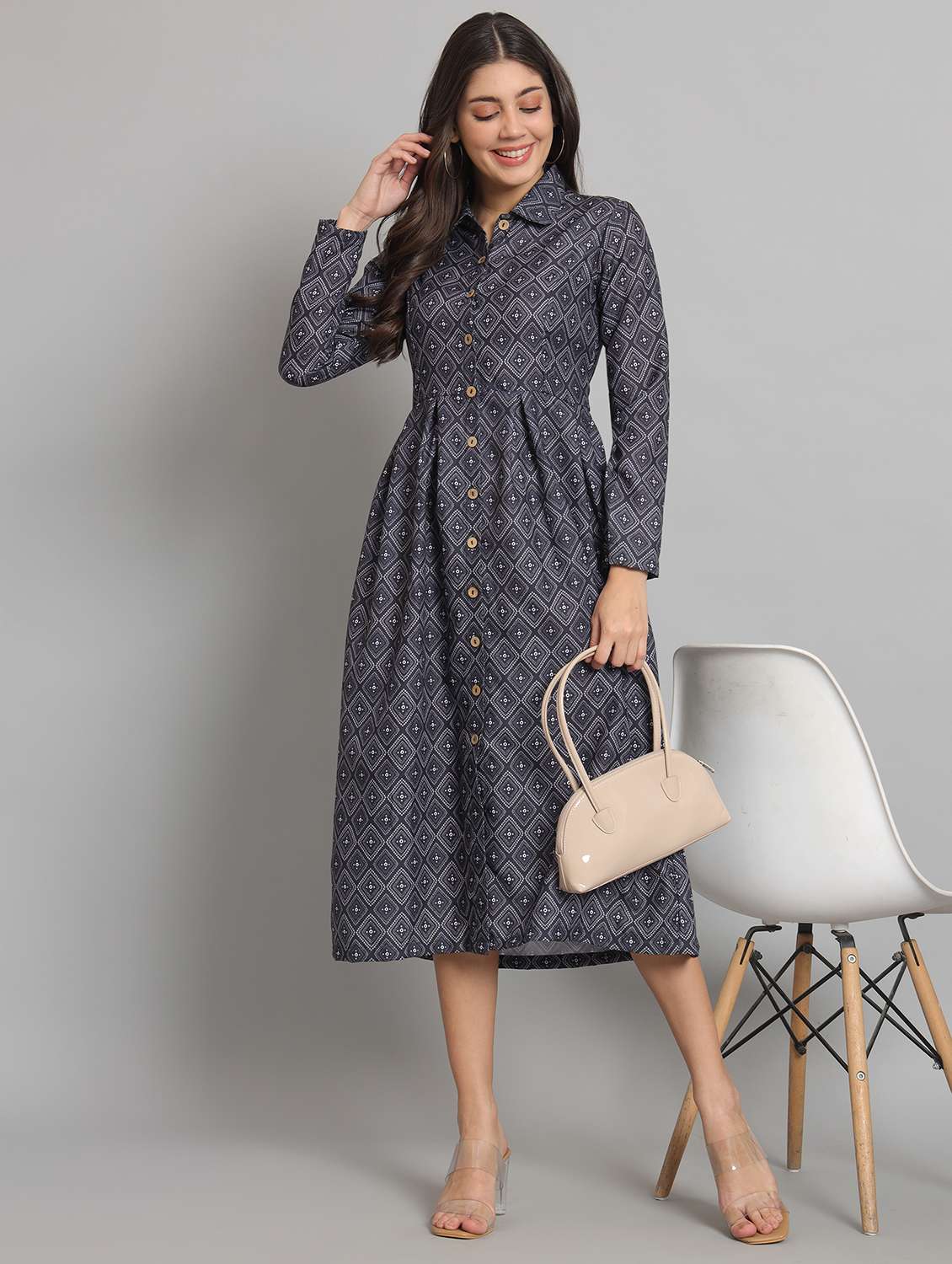 women printed collared long sleeve shirt dress