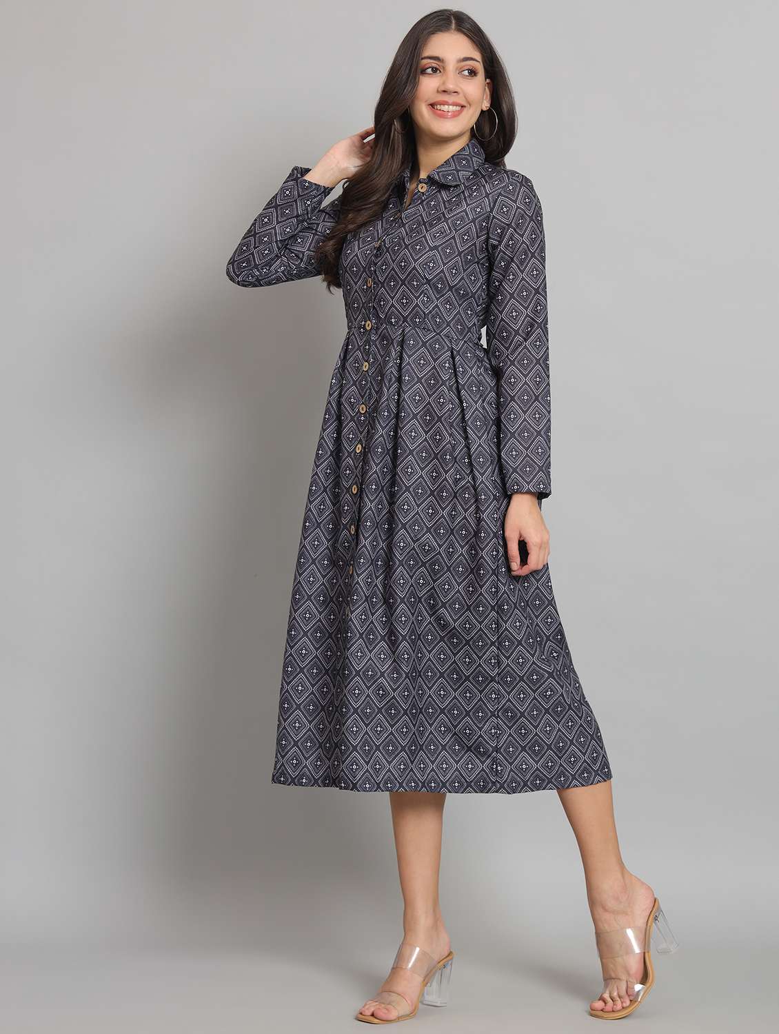 women printed collared long sleeve shirt dress - 22226860 -  Standard Image - 3