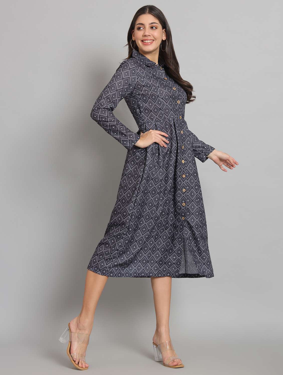 women printed collared long sleeve shirt dress - 22226860 -  Standard Image - 5