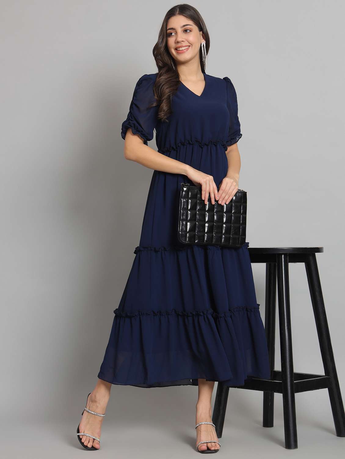 women solid puff sleeve tiered dress
