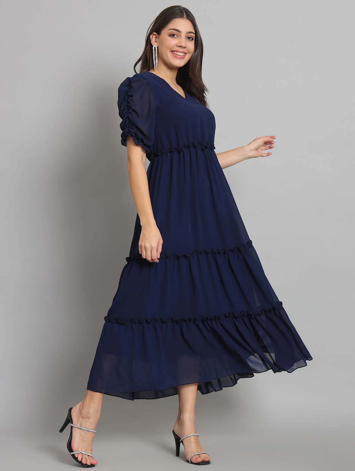 women solid puff sleeve tiered dress - 22226861 -  Standard Image - 3