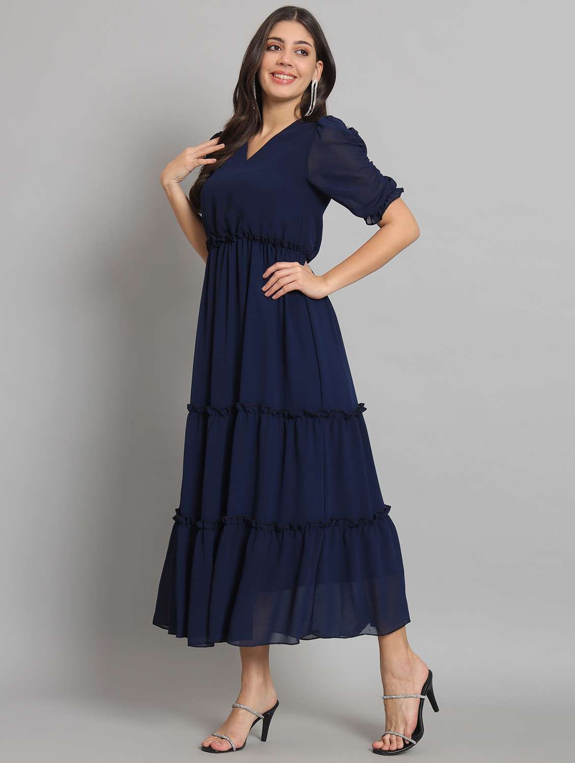 women solid puff sleeve tiered dress - 22226861 -  Standard Image - 5