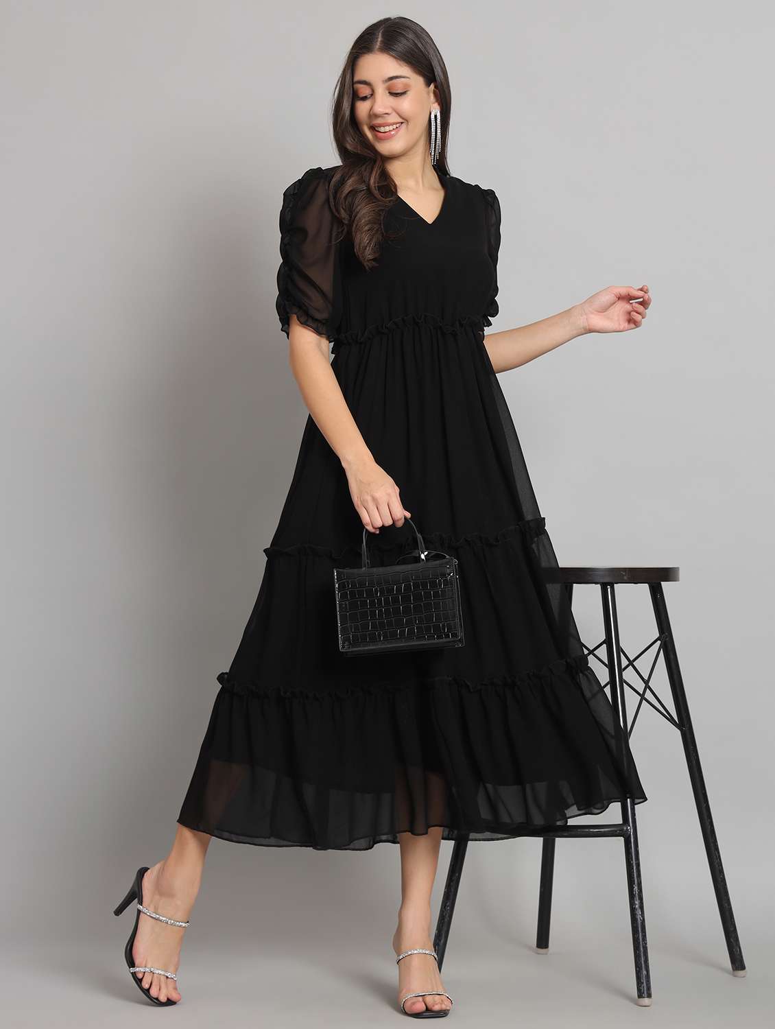 women solid puff sleeve tiered dress