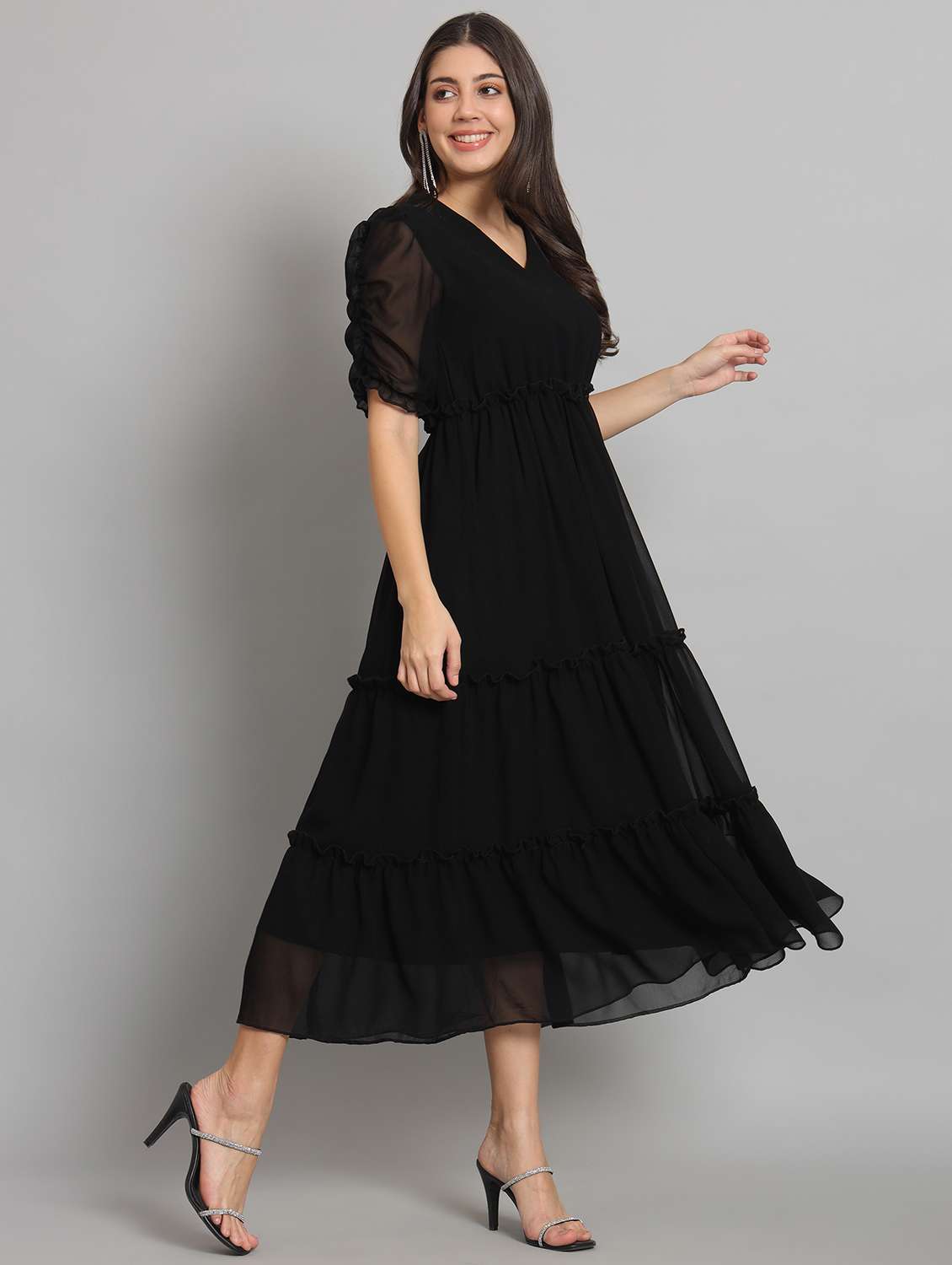 women solid puff sleeve tiered dress - 22226862 -  Standard Image - 3