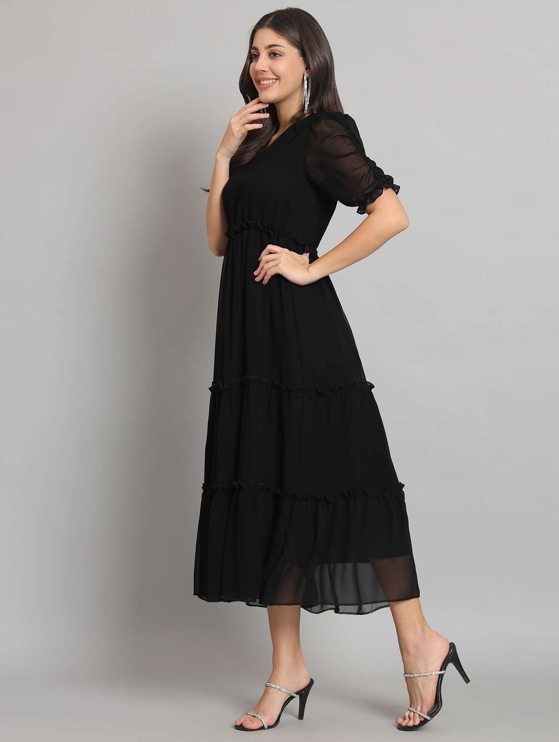 women solid puff sleeve tiered dress - 22226862 -  Standard Image - 5