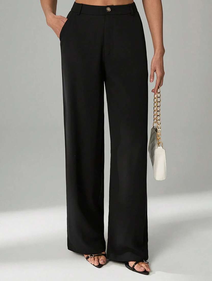 women solid high rise straight trouser