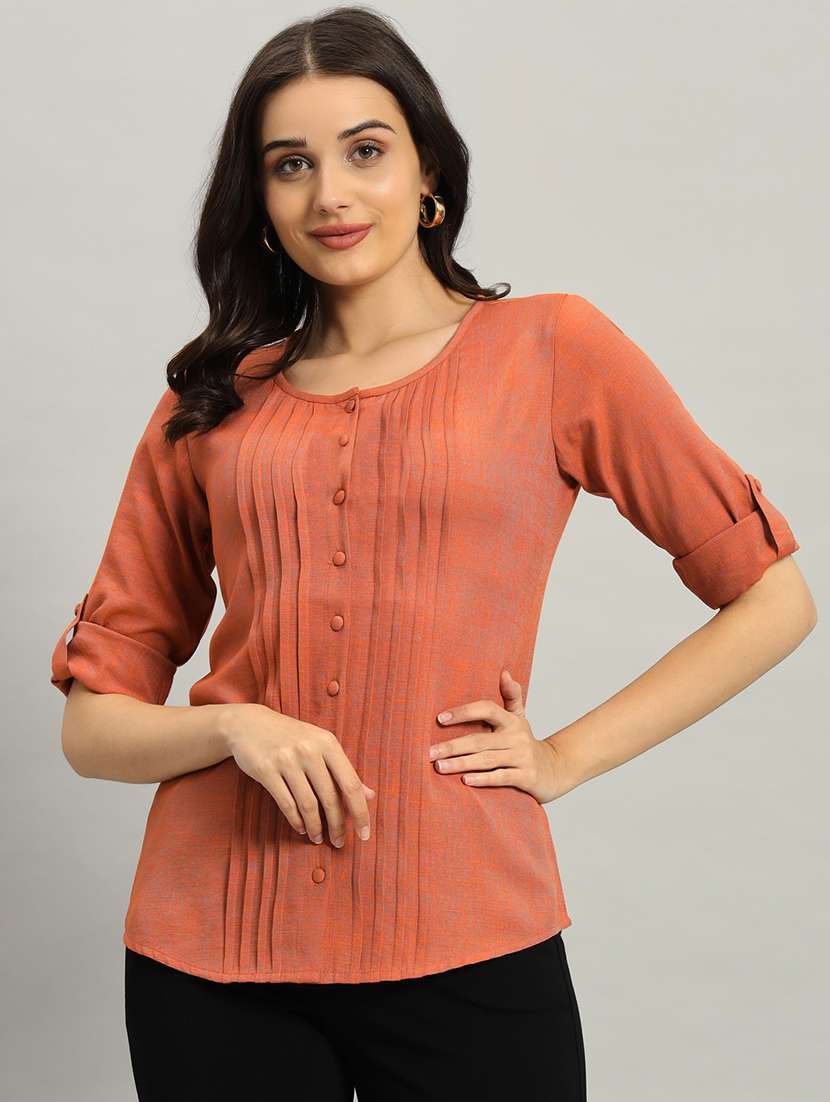women solid rol up sleeve regular top