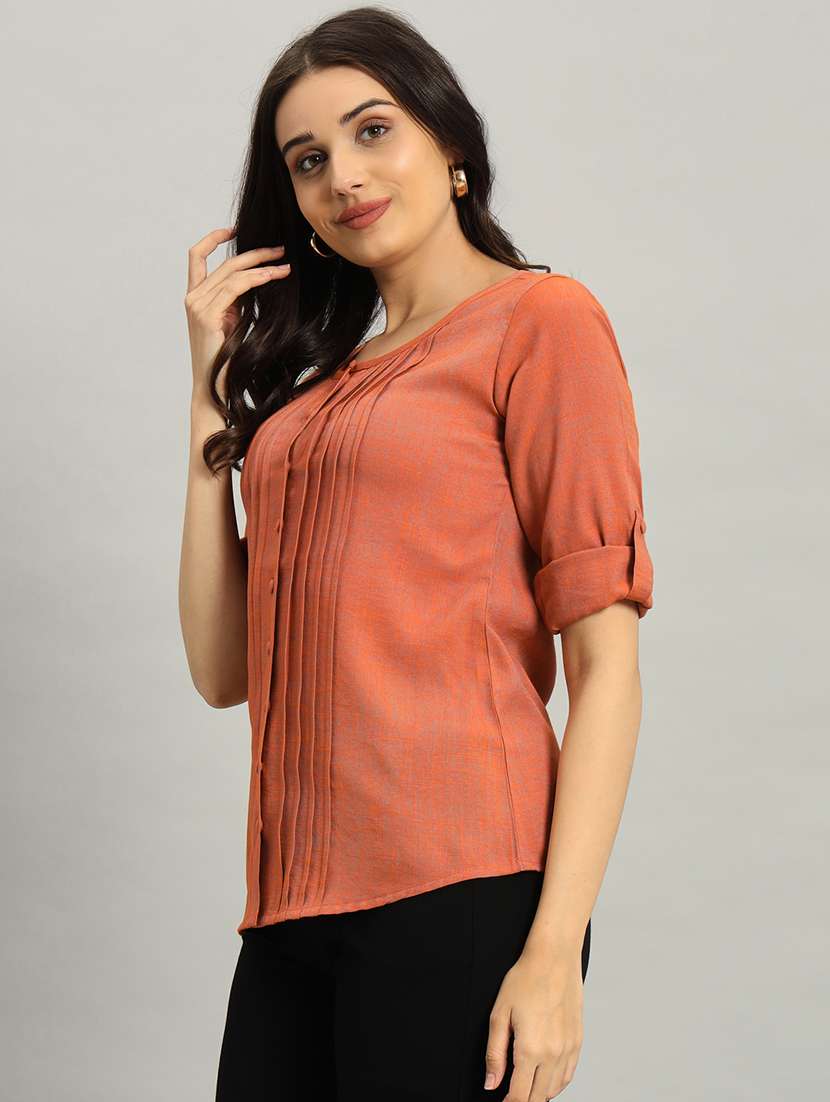 women solid rol up sleeve regular top - 22226865 -  Standard Image - 3