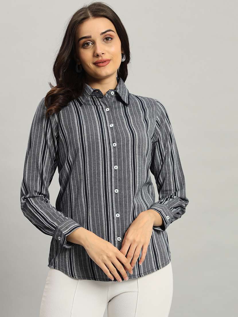 women striped collared long sleeve shirt
