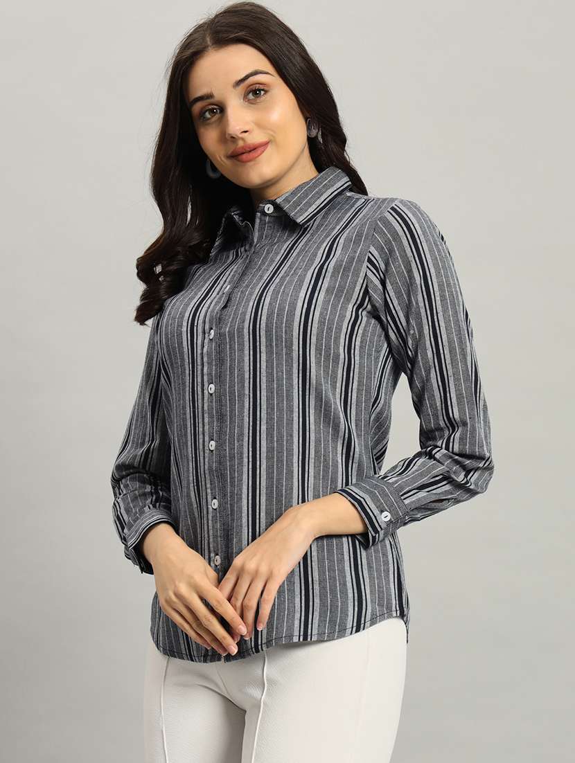 women striped collared long sleeve shirt - 22226870 -  Standard Image - 3