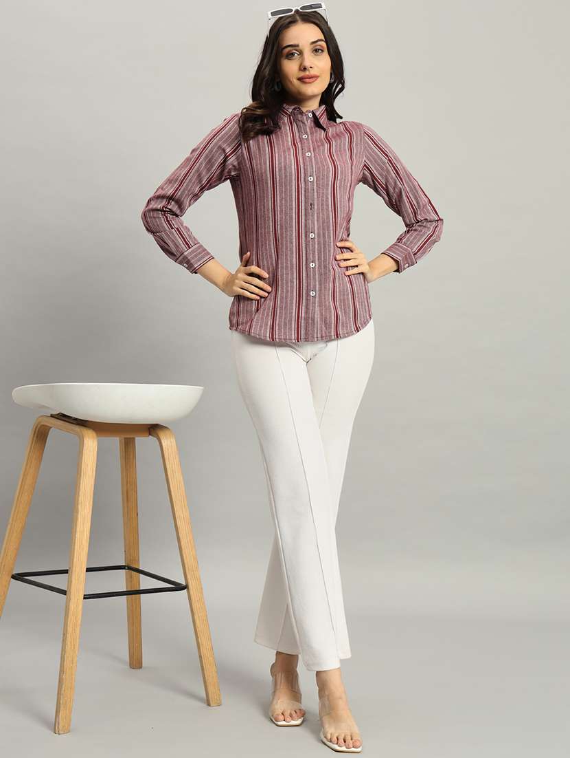 women striped collared long sleeve shirt - 22226871 -  Standard Image - 5