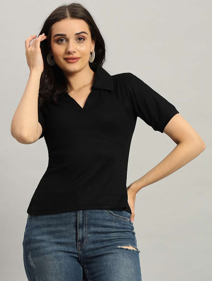 women solid short sleeve collared top