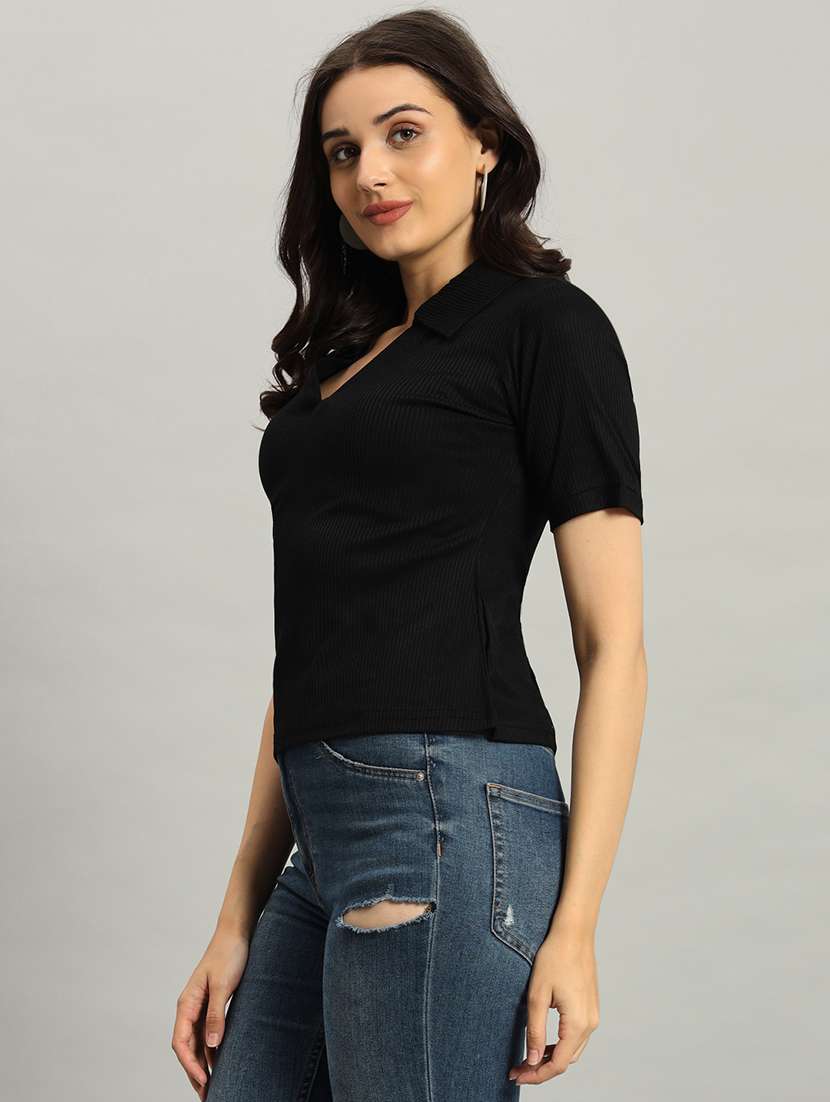 women solid short sleeve collared top - 22226873 -  Standard Image - 3