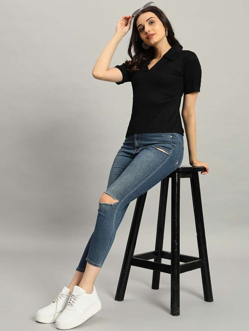 women solid short sleeve collared top - 22226873 -  Standard Image - 5