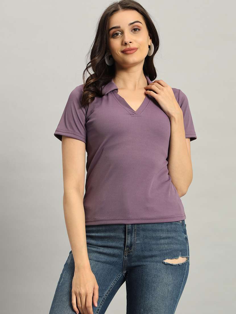 women solid short sleeve collared top