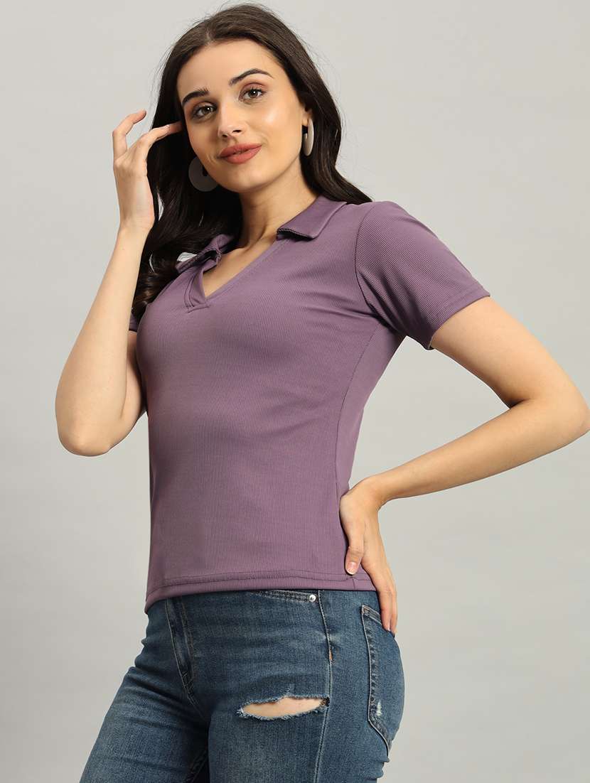 women solid short sleeve collared top - 22226874 -  Standard Image - 3