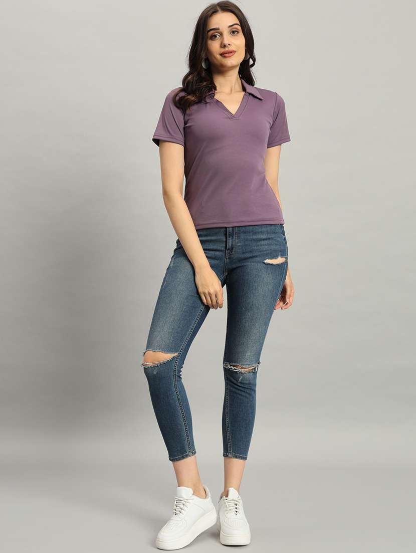 women solid short sleeve collared top - 22226874 -  Standard Image - 5