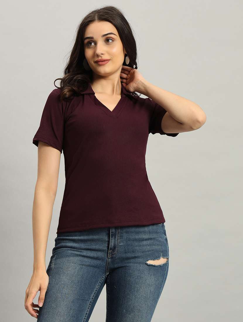 women solid short sleeve collared top