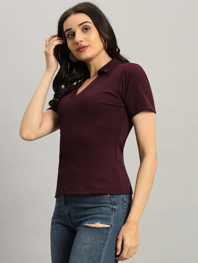women solid short sleeve collared top - 22226875 -  Standard Image - 3