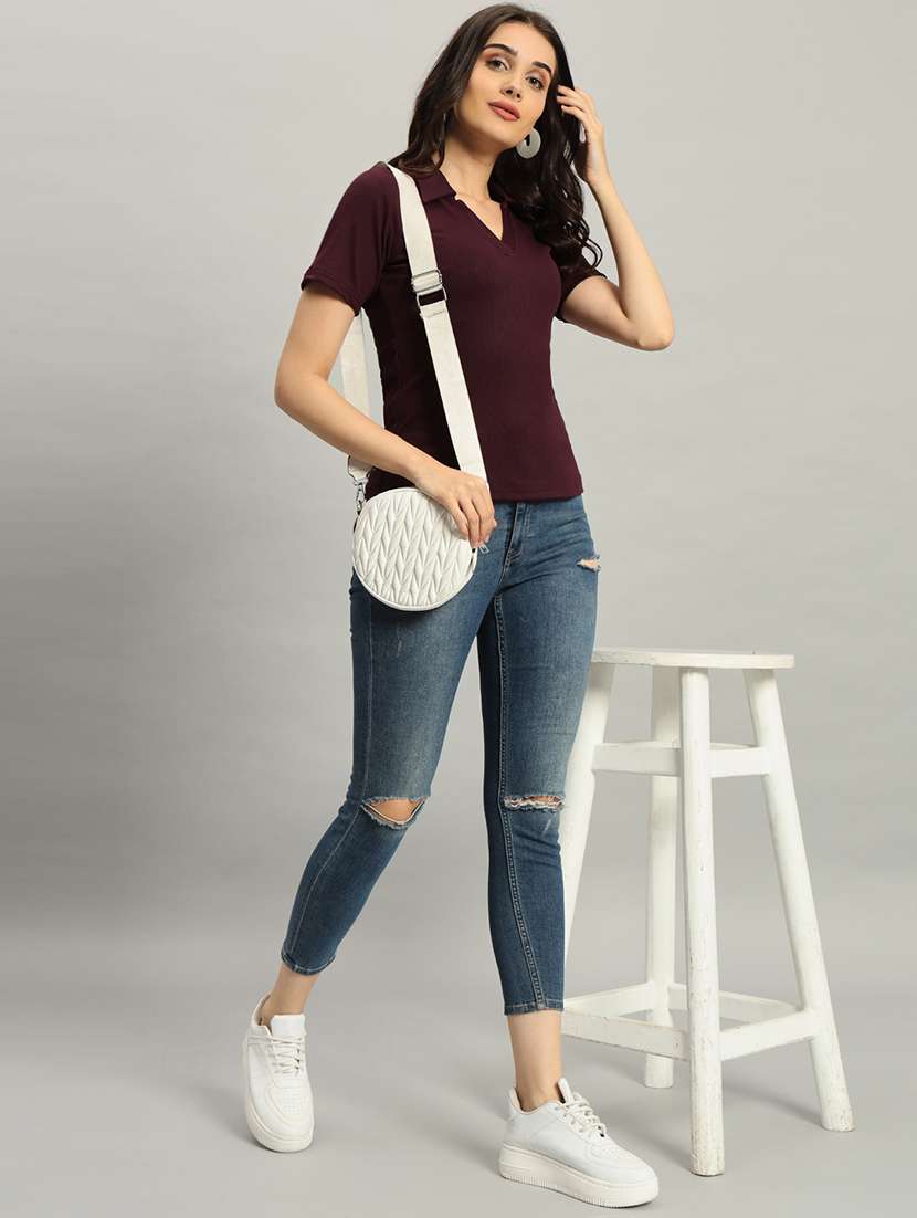 women solid short sleeve collared top - 22226875 -  Standard Image - 5