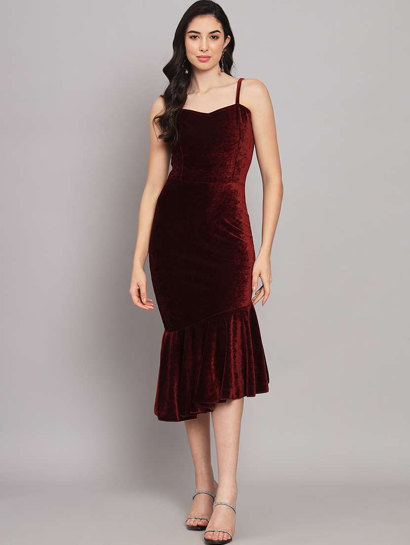 women solid shoulder strap tiered dress