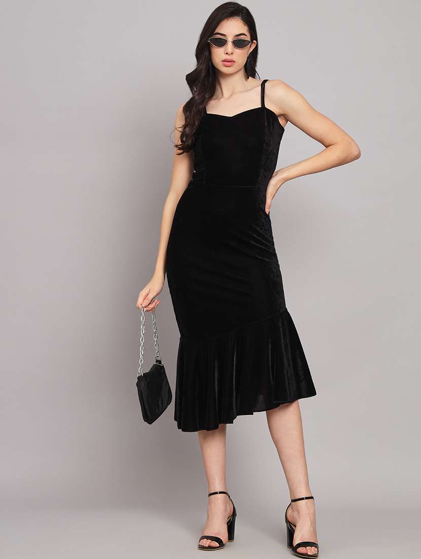 women solid shoulder strap tiered dress
